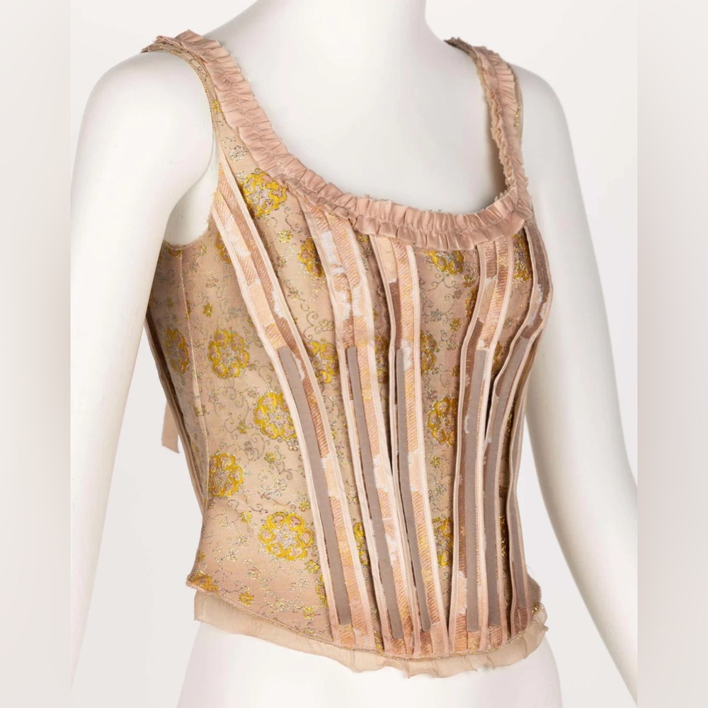 PRADA Vintage 2003 Pink Champagne Gold Brocade Ruffled Bustier Corset Top Sz 42